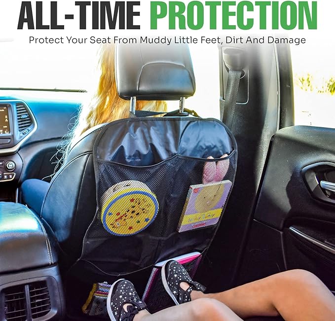 lebogner Back Seat Cover for Kids + 4 Pocket Storage Organizer, 2 Pack X-Large Waterproof Kick Mats Backseat Protector, Car Seat Back Protectors for Vehicles to Protect from Dirt, Mud & Scratches