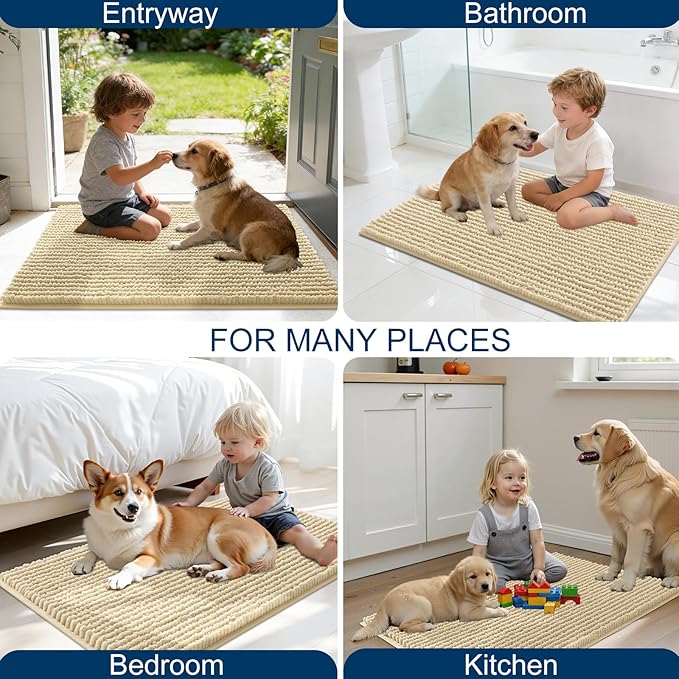 OLANLY Dog Door Mat for Muddy Paws 34x21, Ultra Absorbent Chenille Mud Doormat, Non-Slip Washable and Dirt Trapping Doormat for Indoor Entryway, Quick-Dry Indoor Pet Bed Mats for Dogs, Sand