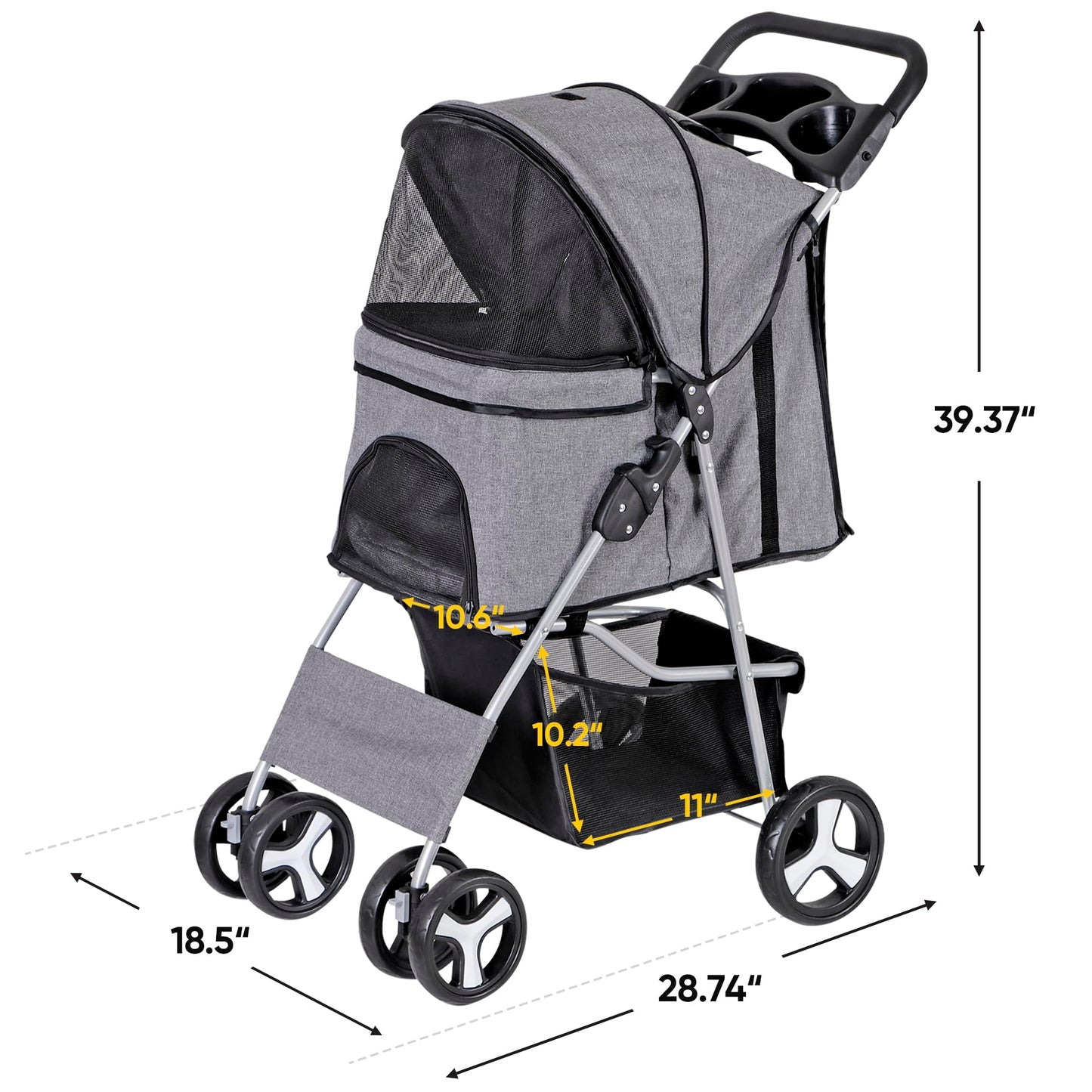 LEMY Pet Stroller, 4 Wheels Dog Cat Stroller with Storage Basket&Cup Holder,Grey Folding Dog Cat Cage Jogger Strollers for Small Medium Dogs Cats Travel