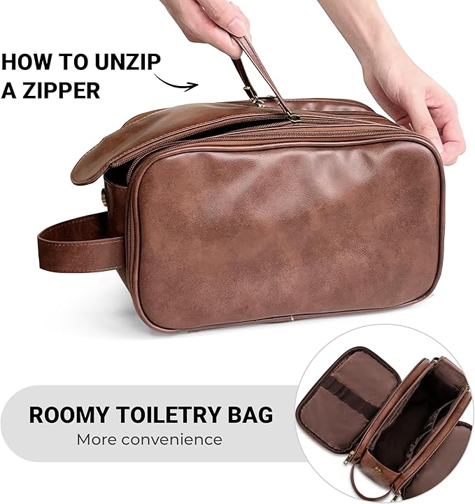 Elviros Travel Toiletry Bag for Men, Shaving Dopp Kit Water-resistant Bathroom Small Toiletries Organizer PU Leather Cosmetic Bags
