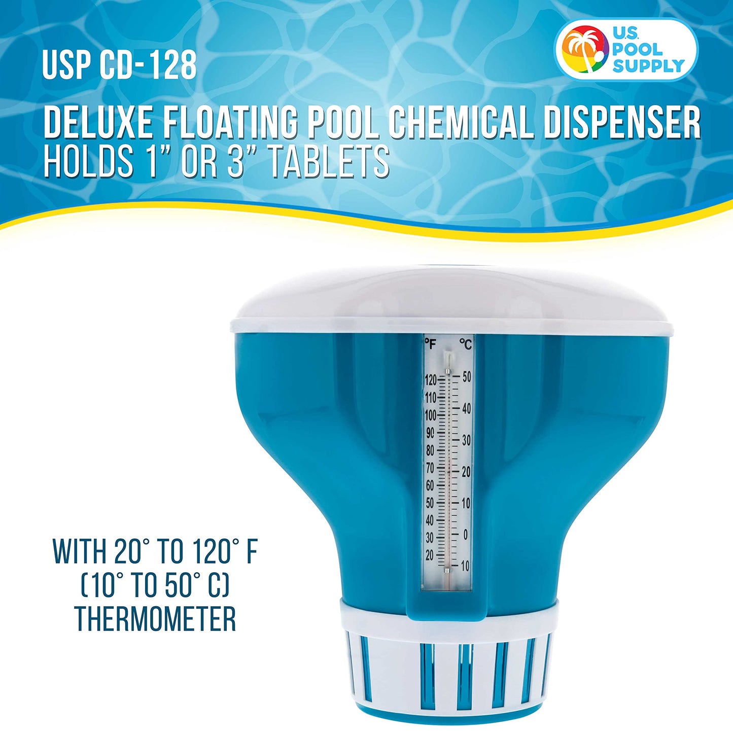 U.S. Pool Supply Large Pool Floating Chlorine Chemical Dispenser with 120° F Thermometer, 7" Diameter - Holds 3" Tablets - Adjustable Chemical Delivery Pool Maintenance Floater - Spa, Hot Tub