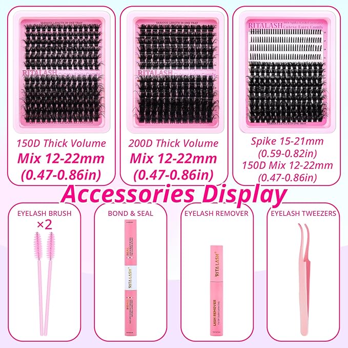 Lash Clusters Kit 3D Effect Volume Lashes Clusters Kit Wispy Cluster Eyelash Extensions D Curl Eyelash Clusters Kit PestaÃÂ±as Postizas Naturales+Bond&Seal,Remover,Tweezers,Brush(150D+200D+Spike Kit)
