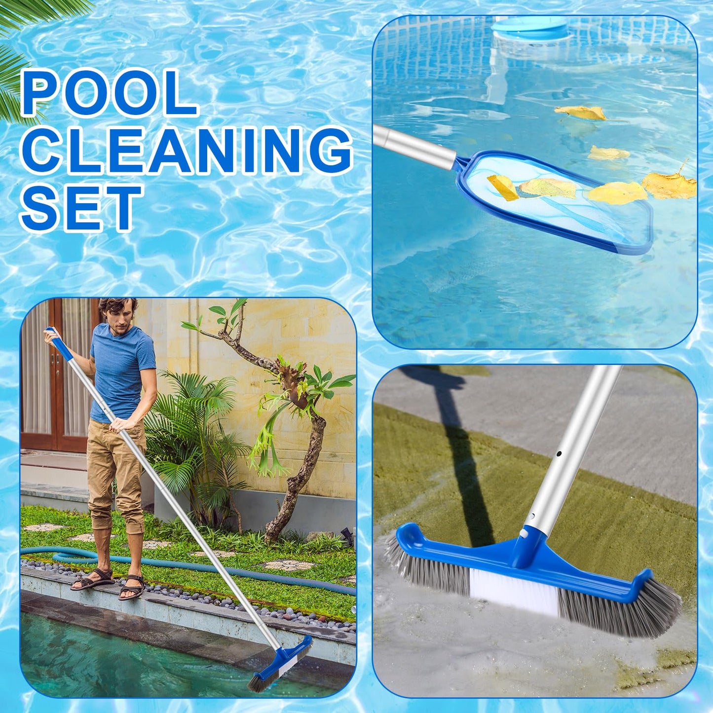 Potchen 3 Pcs Pool Cleaning Kit with Hand Skimmer Net, 47.24" Aluminum Pole and 17.5" Long Pool Brush Maintenance Accessory Tool for Above Ground Inground Ponds Home Tubs Spa