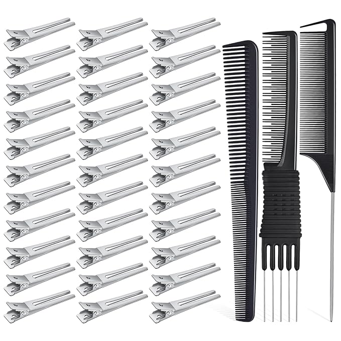 50Pcs Metal Hair Styling Clips, IKOCO No Crease Double Prong Hair Clips with 3 Parting Comb for Styling and Coloring