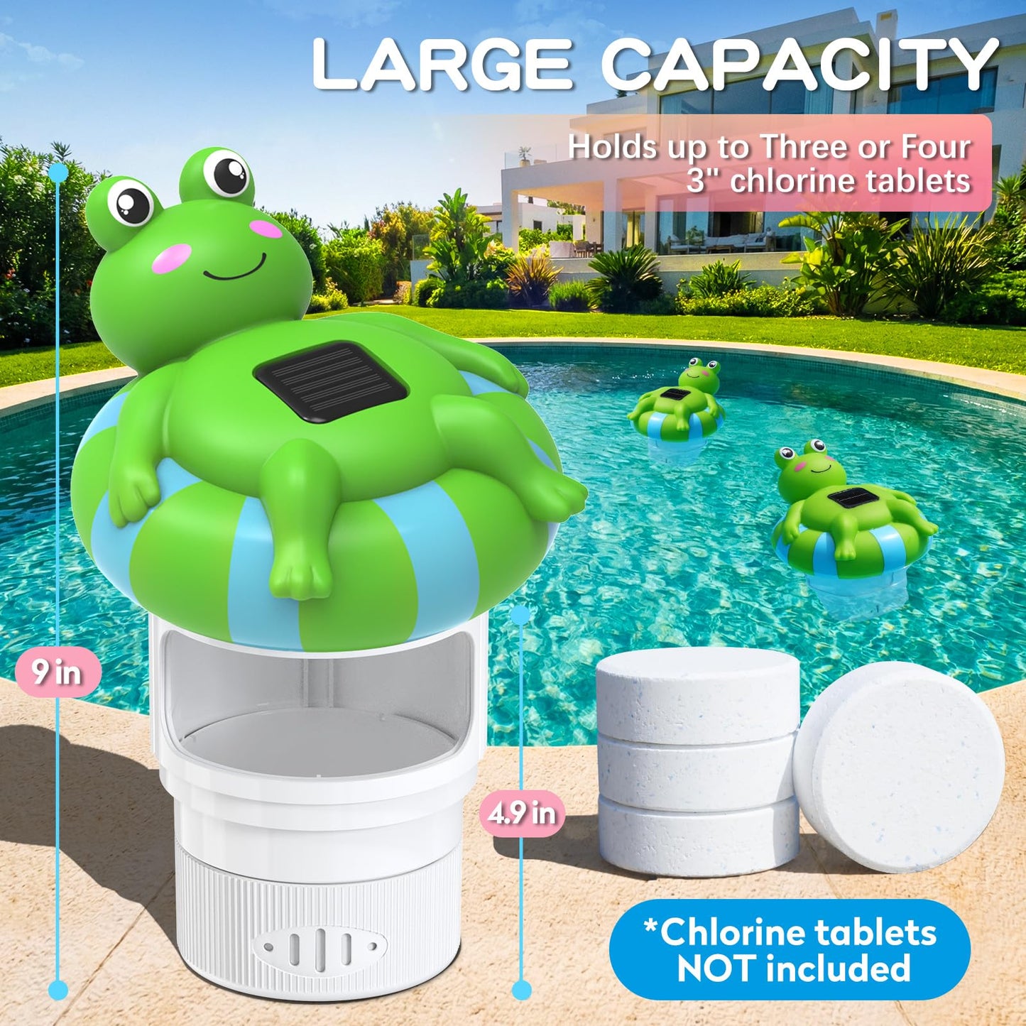 Uekars Solar Frog Pool Chlorine Floater for 3 Inch Tablets, Chlorine Tablet Floater w/Adjustable Release, Glow in Dark, Large Capacity Floating Chlorine Dispenser for Pool, Hot Tub,Spa,Blue-Green,9In