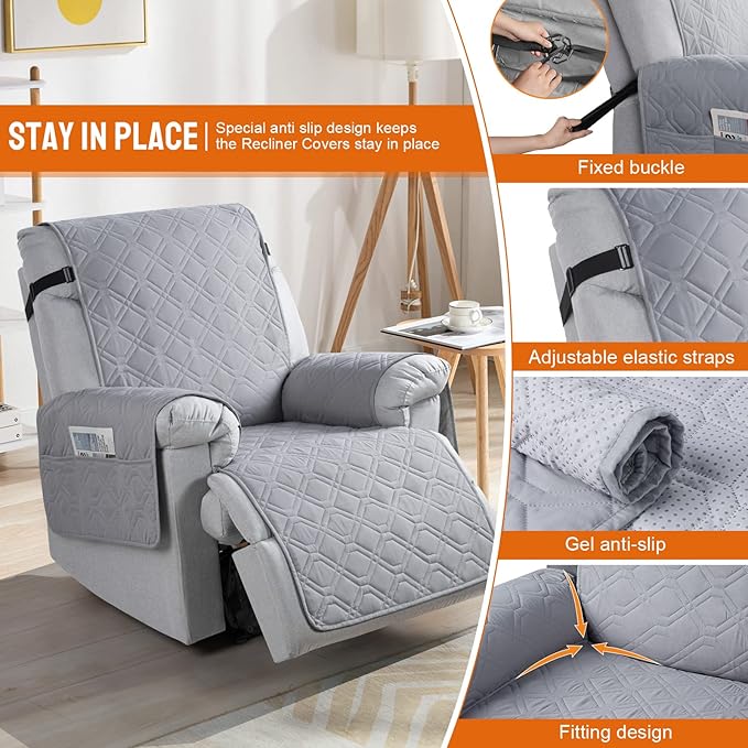 VANSOFY 100% Waterproof Recliner Chair Covers, Recliner Cover Non-Slip Dog Chair Cover Furniture Protector Washable Slipcover with Pocket, Elastic Straps for Pets, Dogs(Light Gray, 22")