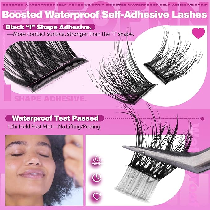 Self Adhesive Eyelashes Wispy Pre Glued Lashes Natural Self Adhesive Lash Clusters 10-16mm Press On Lashes DIY Eyelash Extension Kit No Glue Needed Spider Cluster Lashes with Tweezers by Eefofnn