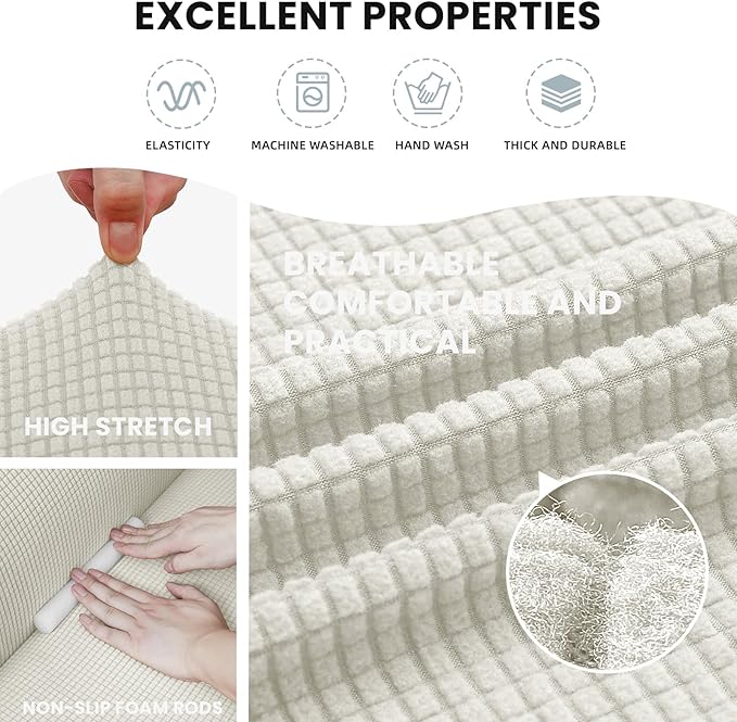 LURKA Stretch Sofa Slipcovers 1 Piece Couch Covers for 3 Cushion Couch Sofa Furniture Protector Full Sofa Covers with Elastic Bottom for Kids and Dog (Large, Ivory)