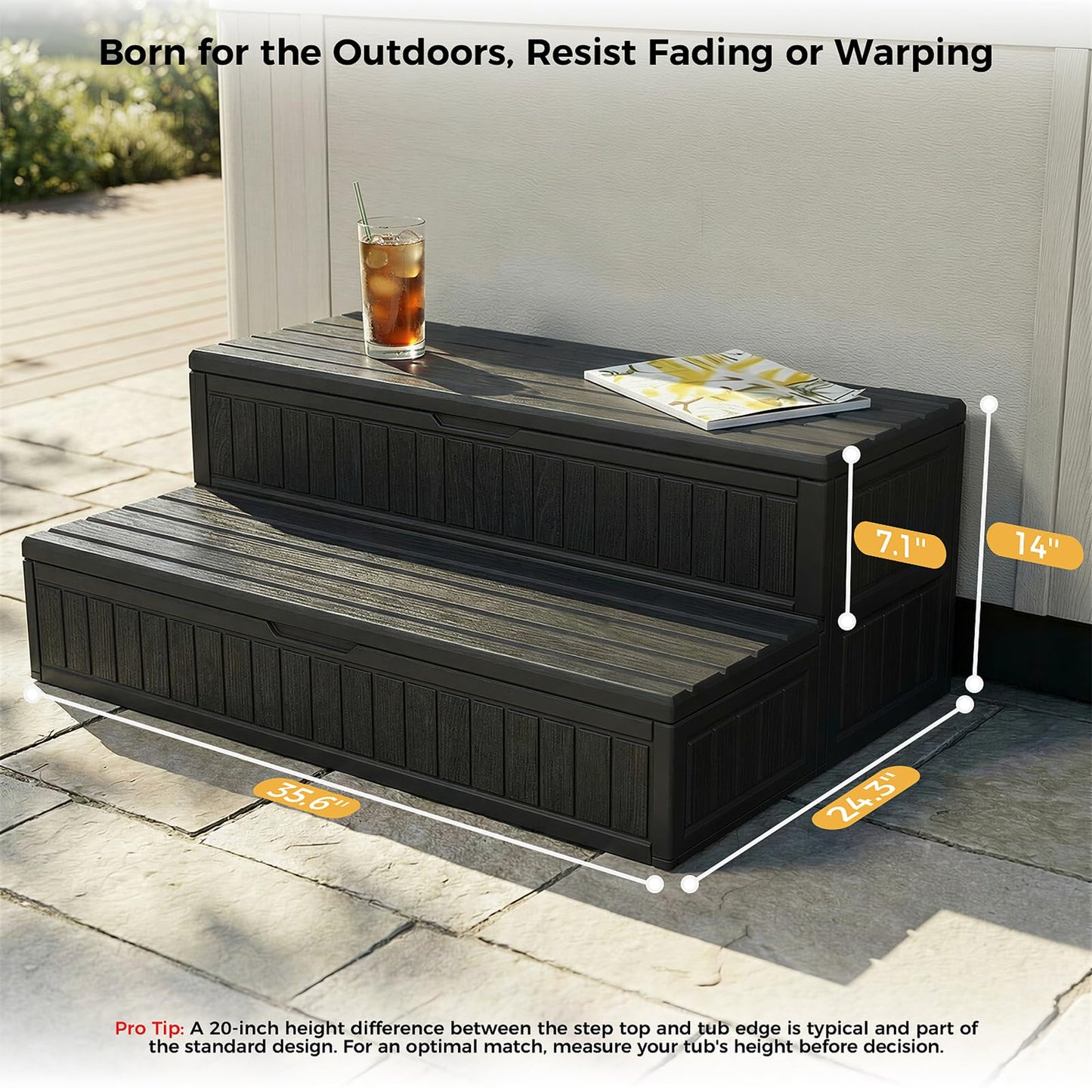 CAMMOO Hot Tub Steps - Double-Decker Large Storage & Snap-Together Assembly, Fully Sealed Spa Steps with Non-Slip Wider Step, Hot Tub Stairs, Outdoor/Indoor, Black