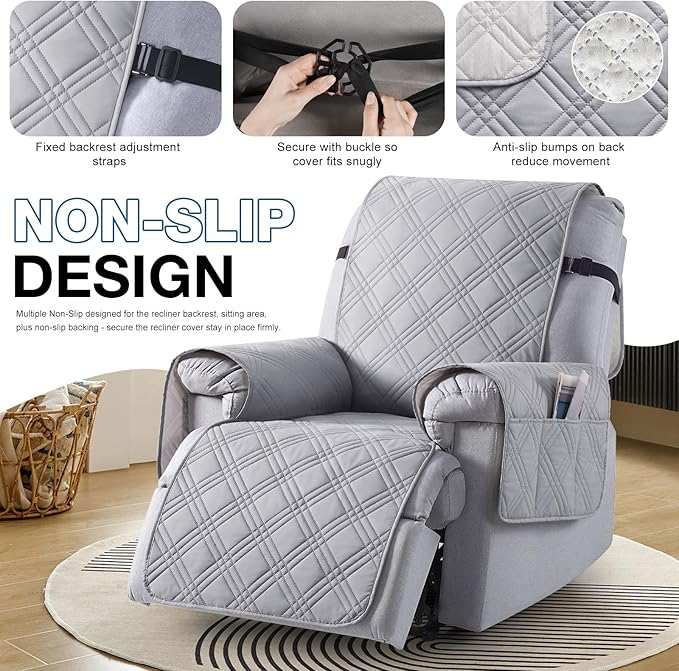 TAOCOCO 100% Waterproof Recliner Chair Cover with Double Straps, Oversized Recliner Covers for Large Recliner Chair, Non Slip Reclining Chair Cover for Kids, Pets(28'', Light Grey)