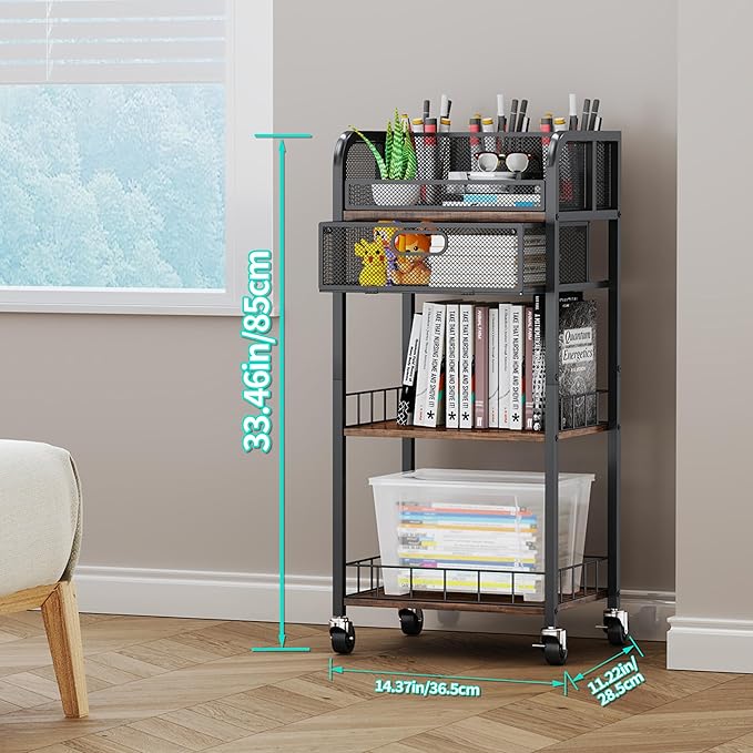 HapiRm Makeup Organizer Storage Cart - 4 Tier Skincare Make Up Storage with Drawer, Rolling Makeup Cart Vanity Organizer Cosmetics Display Cases Holder for Skin Care Perfume Nail Polish Brush