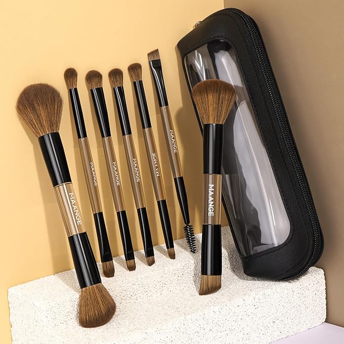 MAANGE 7 PCS Foundation Makeup Brush Set With Bag, Make up Brushes, Eyeshadow Concealer Brush, Double-ended Foundation Contour Powder Blush, Professional Face brush Set Tools For Liquid,Cream (Black)