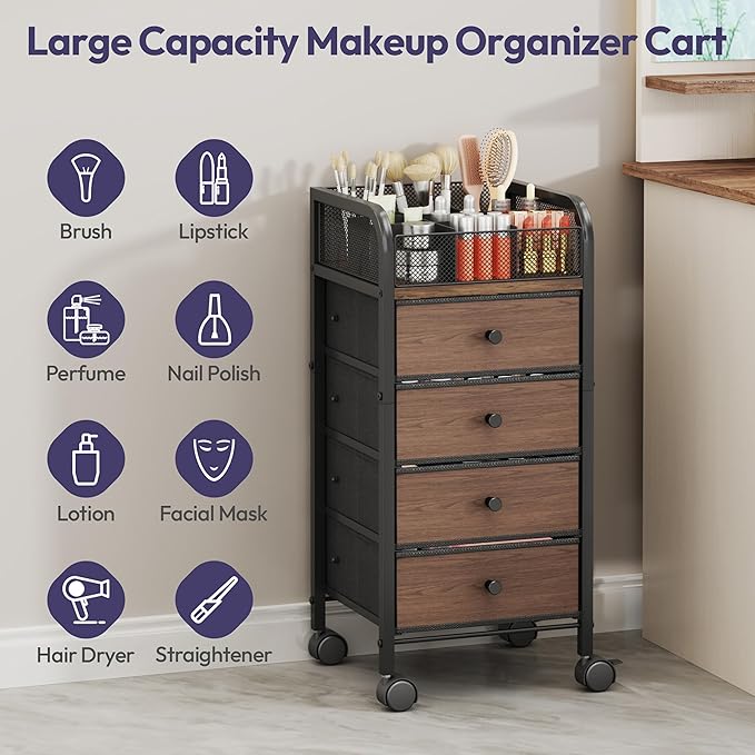 SWTYMIKI Rolling Makeup Organizer Cart - Under Desk Vanity Makeup Storage with 4 Non-woven Drawers, Nail Cart Organizer Cosmetic Display Cases Cabinet for Skin Care Perfume Nail Polish Brush Hair Tool