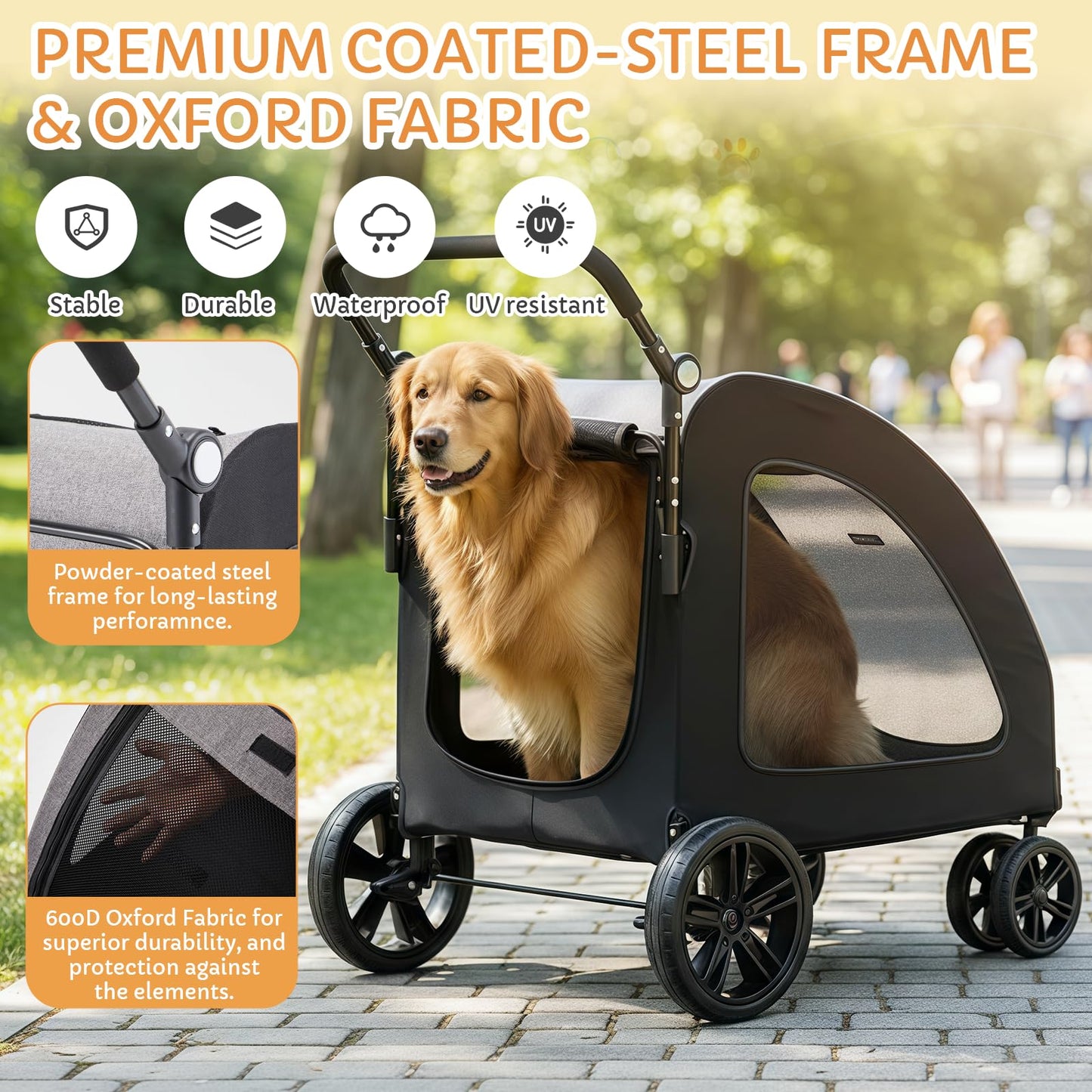 Danrelax Large Pet Stroller for Large & Medium Dogs, 77 lb Capacity, 12" All-Terrain Shock Absorbing Wheels, Waterproof 600D Grey Linen, Heavy-Duty Extra Large Pet Pram, Foldable Travel Stroller