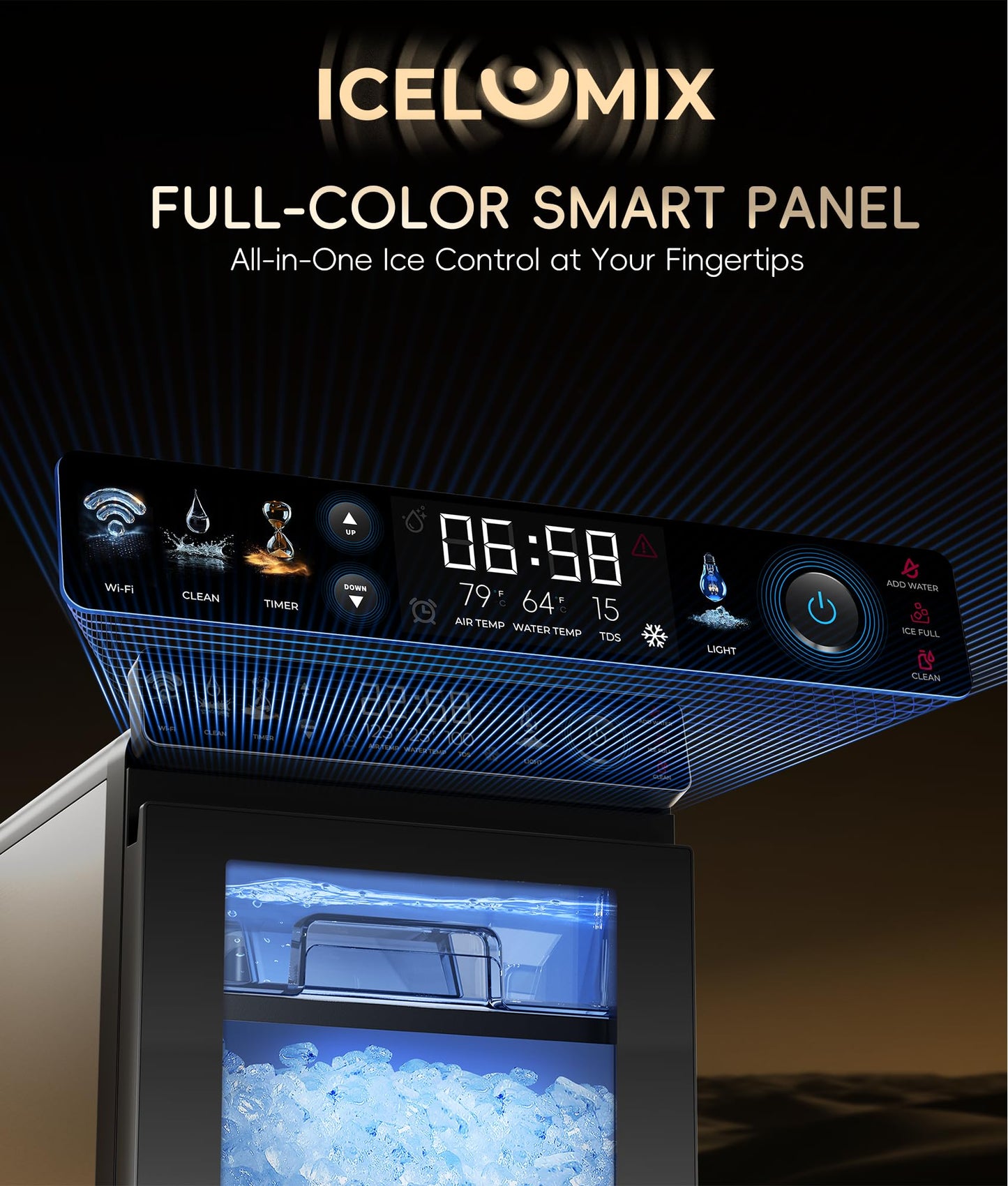 ecozy Smart Nugget Ice Maker Countertop, First Full-Color Smart Panel Ice Machine with APP Control, Double-Layer Insulation, 44 lbs/24H Soft Pellet Chewable Ice, Pull-Out Water Tank, Self-Cleaning