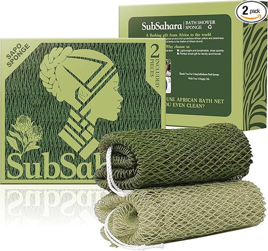 SubSahara Authentic African Net Sponge - 2 Pack Exfoliating Bath & Shower Loofah Sponge for Body & Face, Gentle Scrubber for All Skin Types, Travel, Durable Polyester (Olive Green & Light Green)