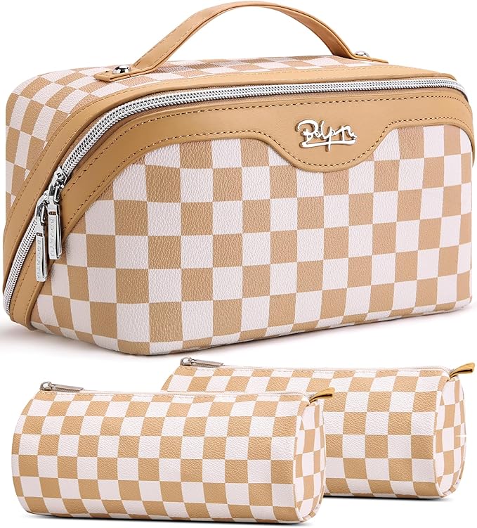 BOYATU Travel Makeup Bag Organizer Cosmetic Bag: 3 Pcs Set Make up Bags for Women with Handle - Waterproof Vegan Leather Toiletry Bag (01-G-Apricot)