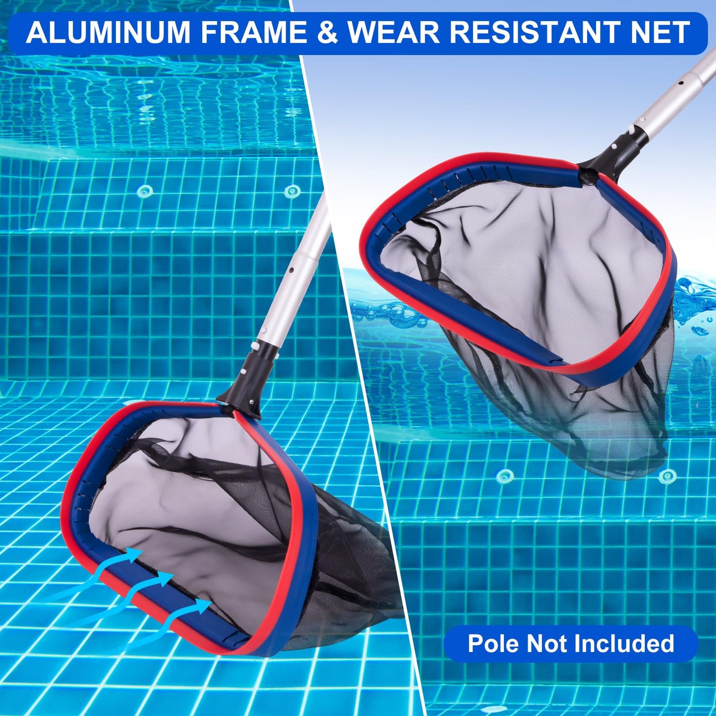 POOLAZA Deluxe Swimming Pool Cleaning Kit Including 20'' Pool Brush Head & Heavy Duty Pool Nets for Cleaning (17.5''Pool Net Skimmer & Semi-deep Ultra Fine Mesh Pool Skimmer Net with Aluminum Frame)