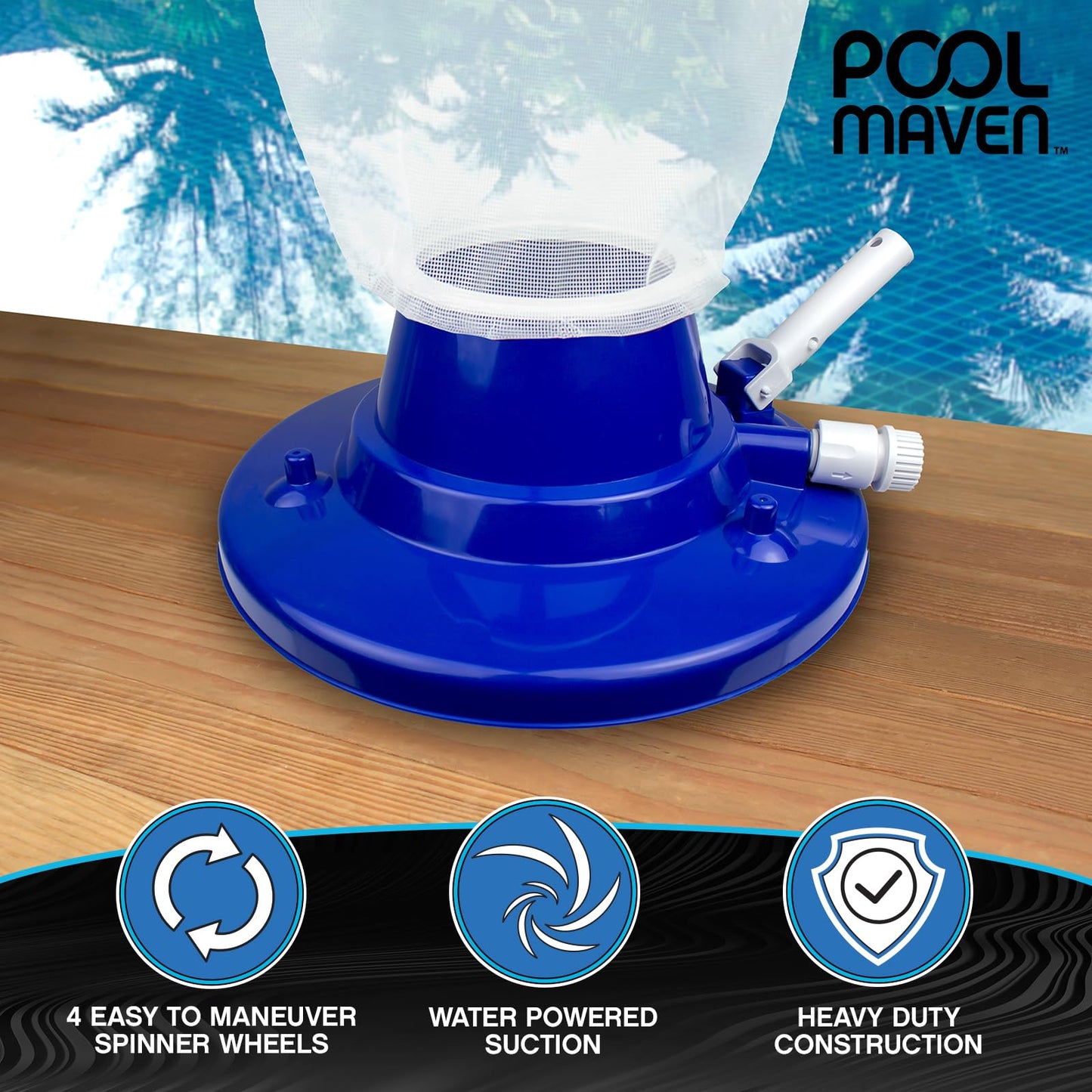 POOLMAVEN Heavy-Duty Pool Leaf Vacuum Head, Garden Hose Powered 15″ Cleaner with Large Mesh Bag for Inground and Above Ground Pools