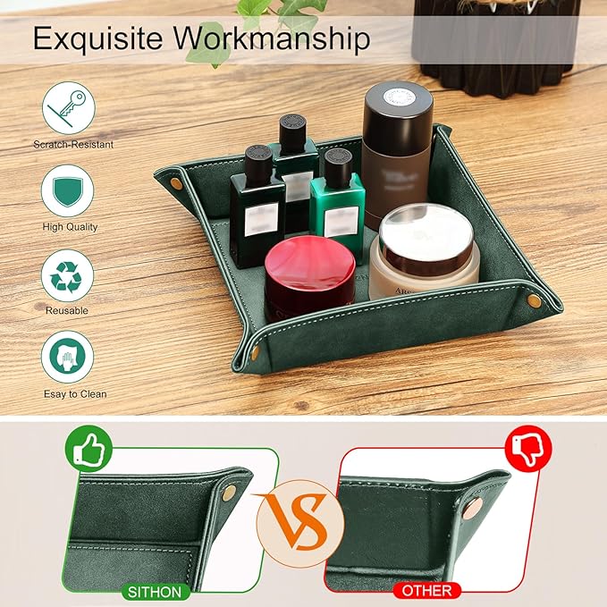 SITHON Valet Tray Desktop Storage Organizer Ã¢ÂÂ Premium PU Leather Catchall Bedside Vanity Tray Nightstand Caddy Holder for Keys, Phone, Wallet, Coin, Valentine's Day Gift, Dark Green