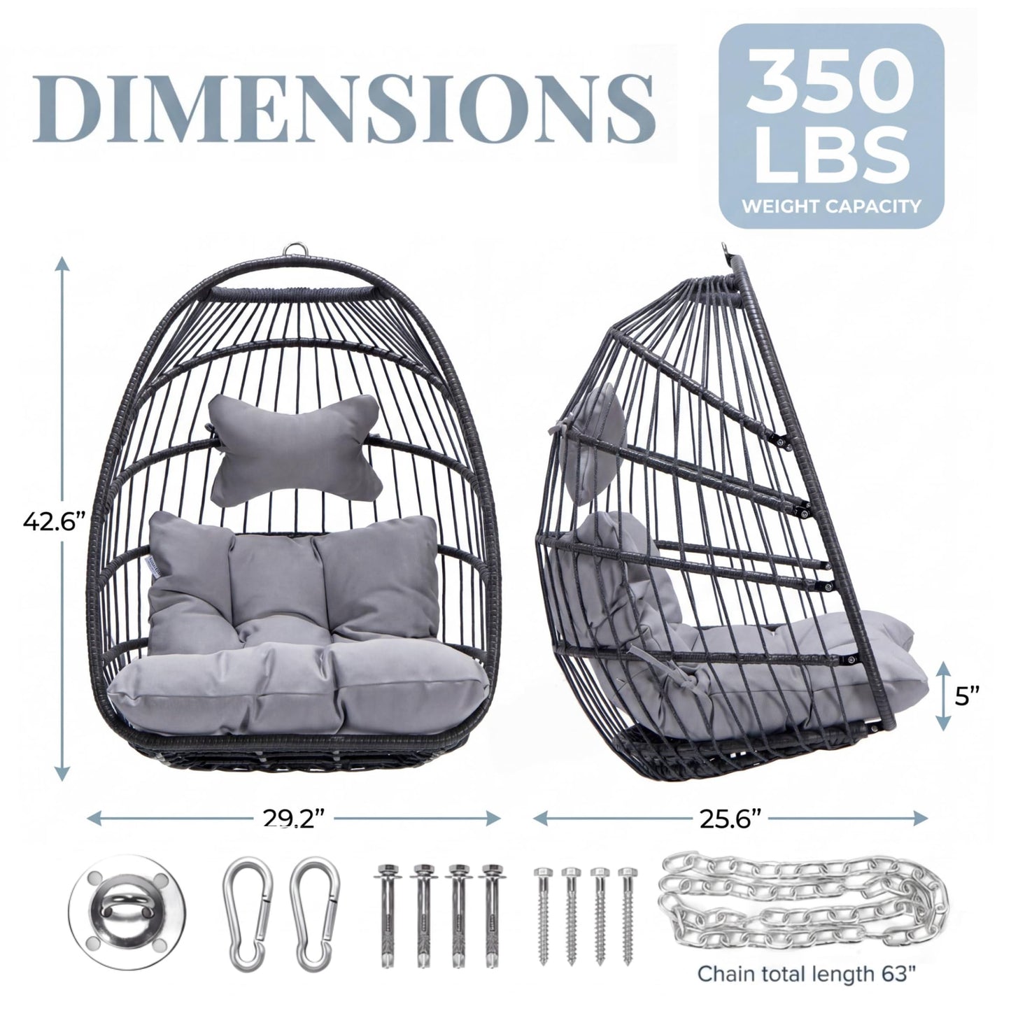 NICESOUL Comfy Egg Chair without Stand Indoor Outdoor, Patio Wicker Hanging Swing Egg Shell Chairs No Stand, 350lbs Capacity Sturdy Swing Hammock Basket Seating with Cushions for Bedroom Balcony, Gray