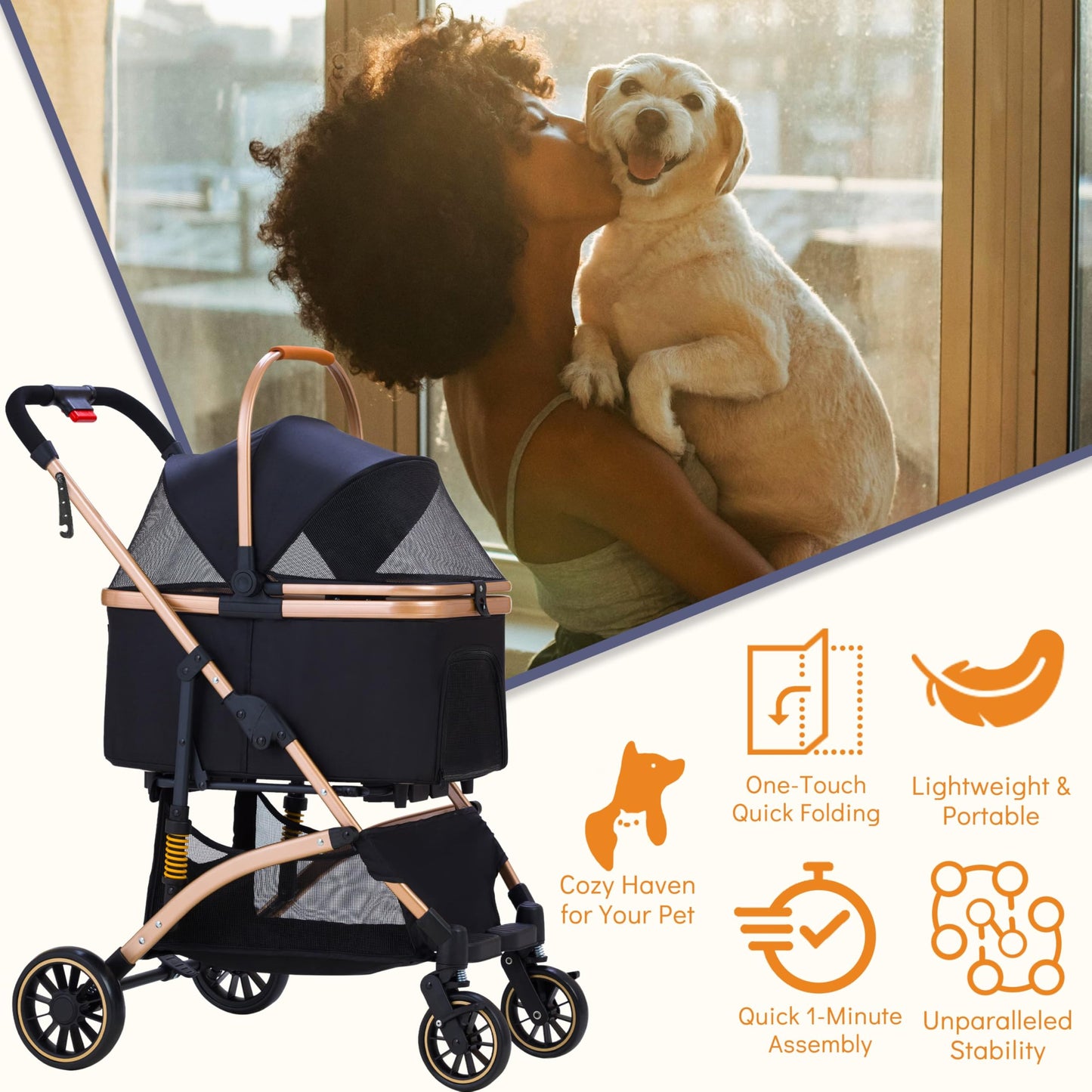 GdnWings Pet Stroller for Small Dogs, Lightweight Small Dog Stroller for Dogs Cats with 6 Shock Absorption System, Detachable Carrier Suitable for Car Seat & Hand Carry, Safe Outings, Black