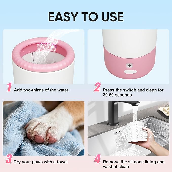 PETCHO Electric Dog Paw Cleaner Cup – Automatic 360° Pet Paw Washer, Rechargeable & Quiet Paw Cleaning Device with Soft Silicone Bristles, Portable Pet Foot Washer for Medium Large Dogs (Pink)