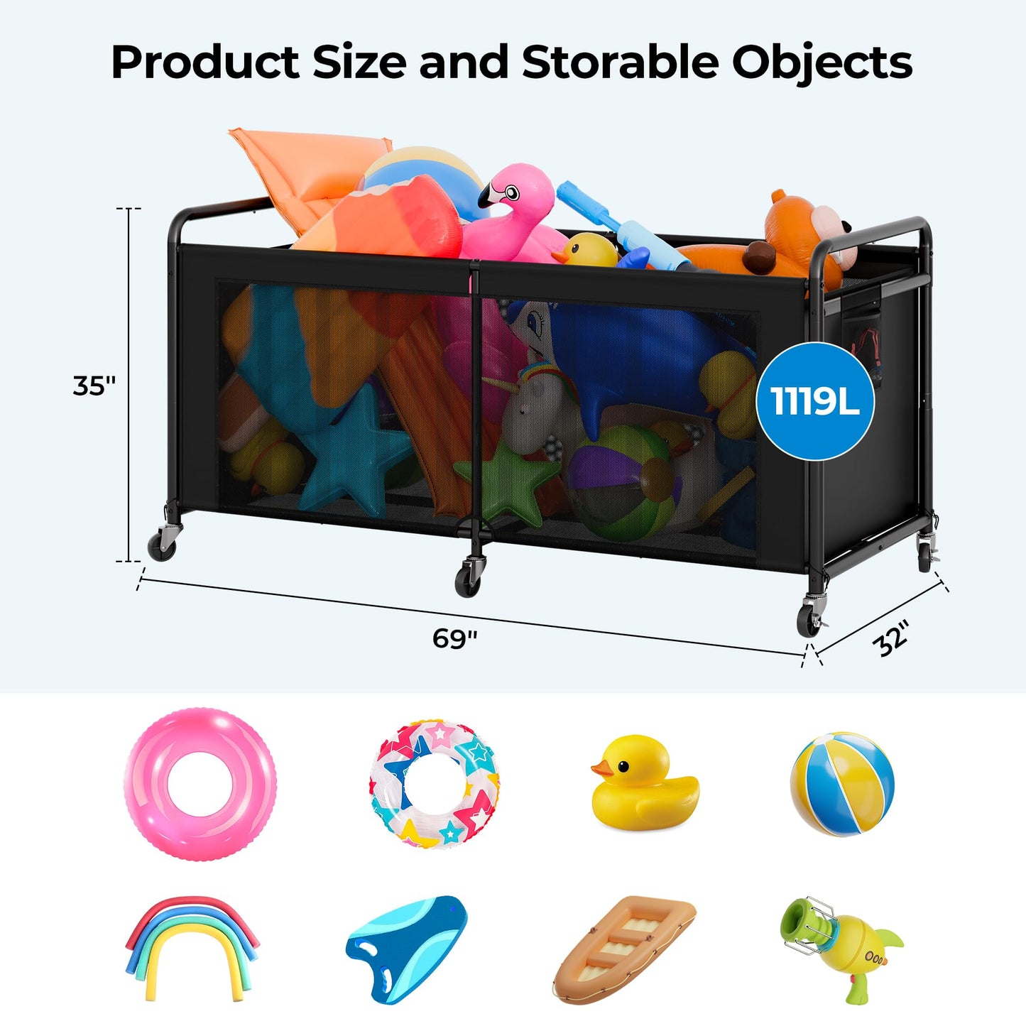 StorageWorks 295 Gallon Pool Float Storage, Mesh Pool Toy Storage Bin with Wheel and Side Pockets, Large Swimming Organizer, Outdoor Noodles Holder, Black