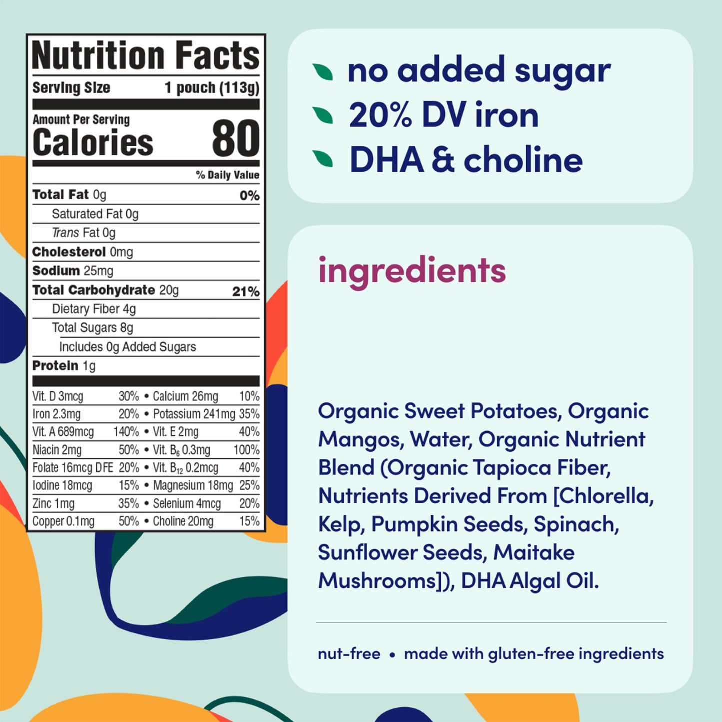 Cerebelly Organic Baby Food Pouches, Sweet Potato Mango Purees, 16 Nutrients, No Added Sugar, Fiber & Non-GMO, 4oz, 12 Pack
