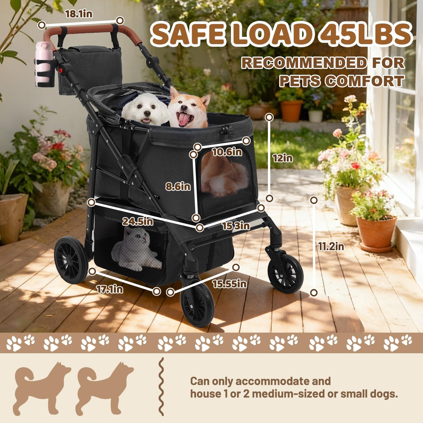 Dog Stroller for Small Pets, All-Terrain 4-Wheel Cat & Dog Carrier with 360° Front Wheels, Adjustable Handle & Canopy|Cup Holder & Storage Basket|Foldable in One Step|Ventilated Design for Comfort
