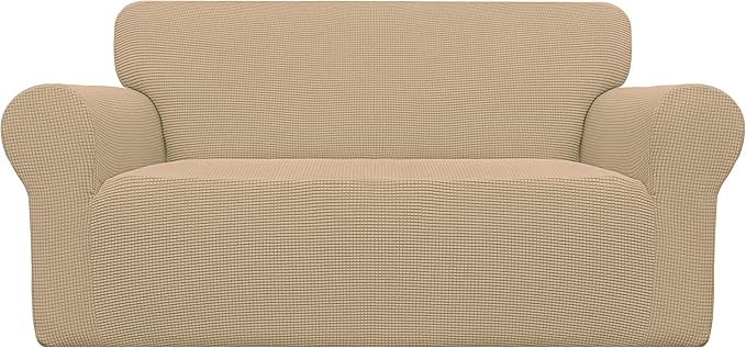 Easy-Going Stretch Loveseat Slipcover 1-Piece Sofa Cover Furniture Protector Couch Soft with Elastic Bottom for Kids Polyester Spandex Jacquard Fabric Small Checks (Loveseat, Sand)