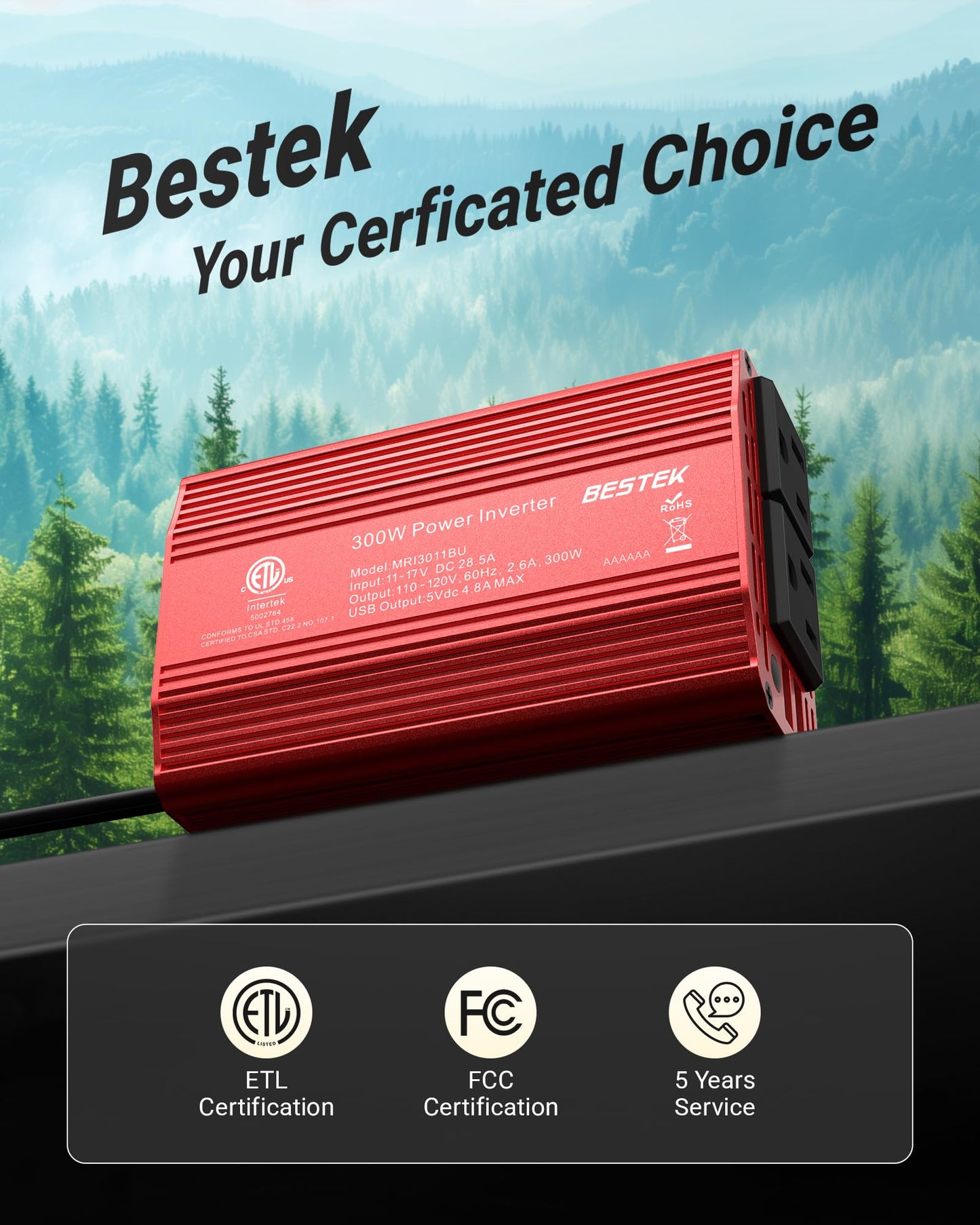 BESTEK Power Inverter DC 12V to AC 110V - 300W Car Plug Adapter Outlet with 4.8A Dual USB Fast Charging Port - Car Charger Cigarette Lighter Adapter for Phone, Laptop on Road Trip - Aluminum Housing
