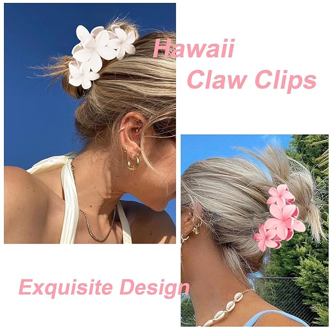 ANBALA Flower Claw Hawaiian Hair Clip, 4PCS Large Plumeria Hair Clips for Women, Non-Slip Strong Hold Clips for Thick Hair, Beach Hair Accessories (Pink, Gradient White, Dark Pink)