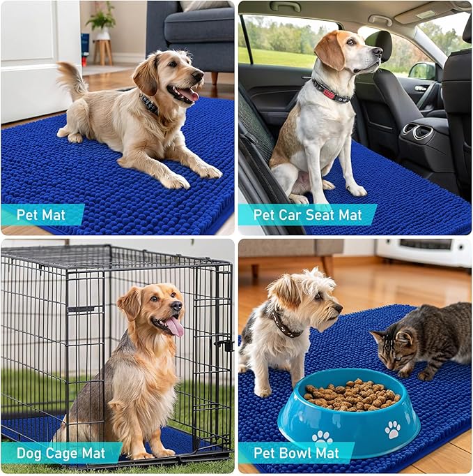 OLANLY Dog Door Mat for Muddy Paws 48x30, Absorbs Moisture and Dirt, Absorbent Non-Slip Washable Doormat, Quick Dry Chenille Mud Mat for Dogs, Entry Indoor Entryway Carpet for Inside Floor, Royal Blue