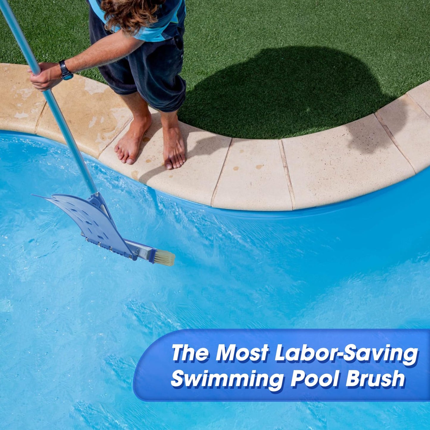 Pool Brush with Brush Tail for Cleaning Pool Walls Using Water Pressure, 18" Tough Plastic Bristles Pool Brush Head with EZ Clips Fit Most Poles (Pole not Included)