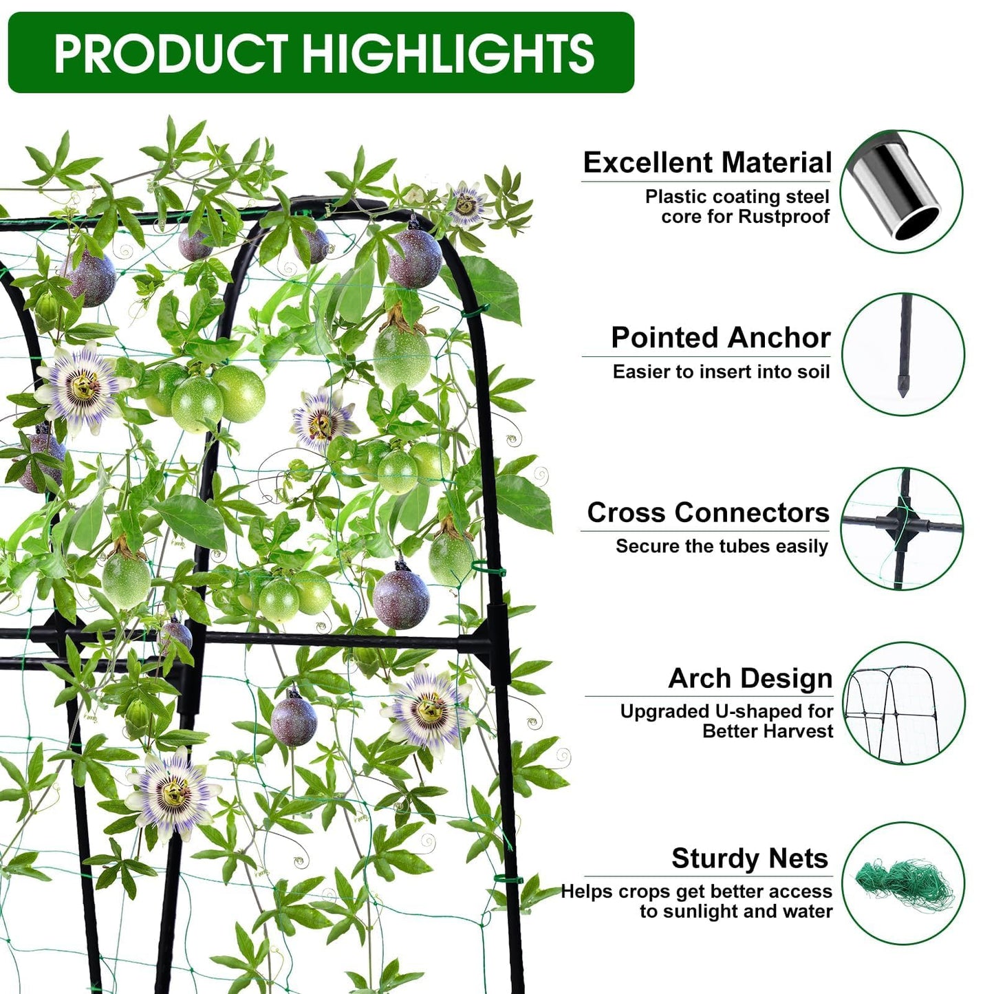 OTOSUNNY Garden Trellis for Climbing Plants Outdoor, Cucumber Trellis for Raised Bed Garden, Arch Trellis Support for Cucumbers Tomatoes Beans Peas, 50x48 inch, Metal Trellis with Netting, Black