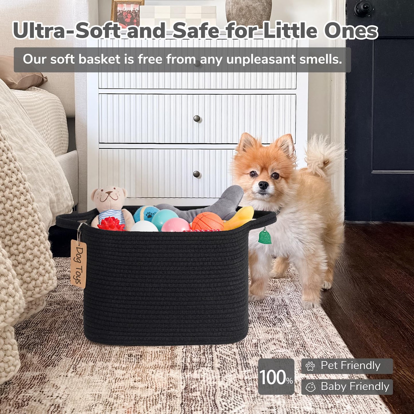 Goodpick Black Storage Basket for Shelves, Woven Baskets for Storage, Toy Baskets Storage Kids, Towel Basket with Handles for Living Room, Bathroom, 13 x 10 x 9 Inches