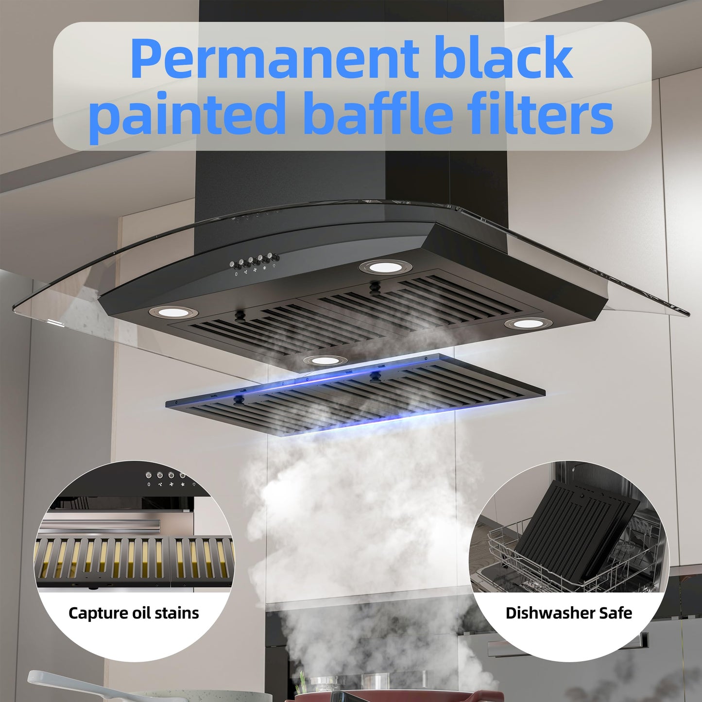 FIREGAS Black Island Mount Range Hood 30 inch with 700 CFM, Ceiling Mount Kitchen Vent Hood Ducted/Ductless Convertible, 4 LED Lights, 3 Speed Exhaust Fan, 2 charcoal fiters, Black