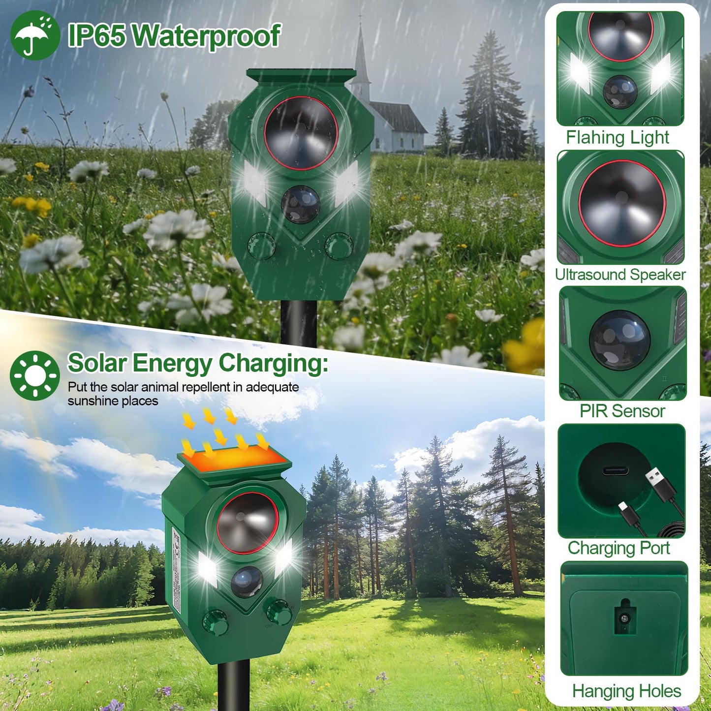 Ultrasonic Animal Repeller Outdoor,Cat Repellent & Deterrent with PIR Sensor & Flashing Light,Solar Powered Deer Repellent Device for Squirrels,Raccoons,Skunks,Rabbits,and Dog,IP65 Waterproof - 2 Pack