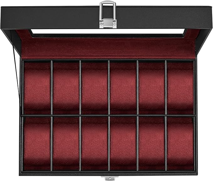 SONGMICS Watch Box, 12-Slot Watch Case Organizer with Large Glass Lid, Removable Pillows, Gift for Loved Ones, Black Synthetic Leather, Wine Red Lining UJWB120R01