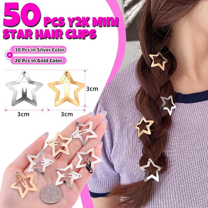 50 PCS Gold Silver Star Hair Clips, 1.18 Inch Y2K Accessories Snap Hair Clips, Non-Slip Small Star Barrettes Metal Accessories for Girls Women, Mini Fashion Cool Ornament Set for Rave Decor