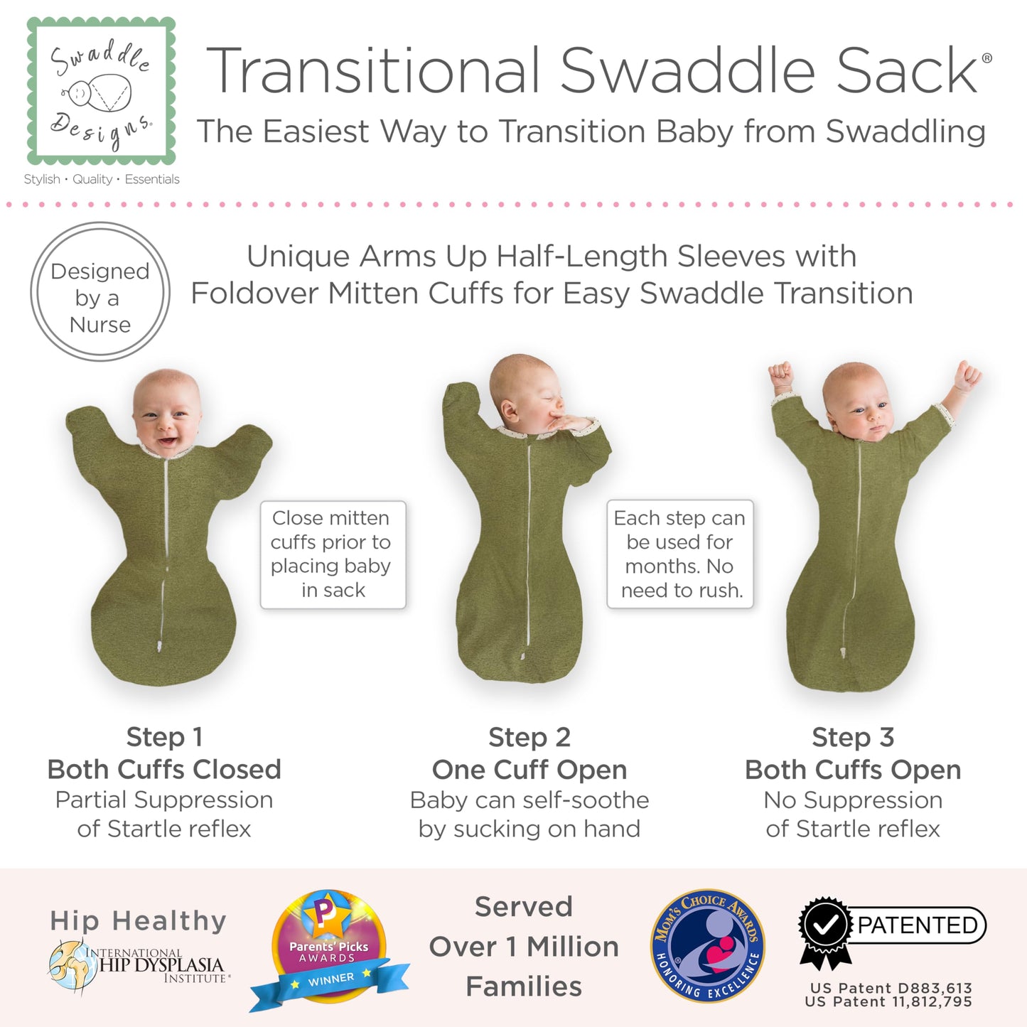 SwaddleDesigns Transitional Swaddle Sack, Arms Up Half-Length Sleeves & Mitten Cuffs, Swaddle for Newborn Transition to Baby Sleep Sack Wearable Blanket, Small, 0-3 Month, 6-14 lb, Heathered Jadeite