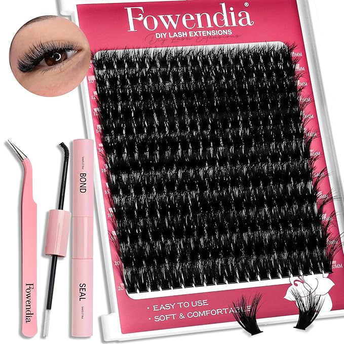 Fowendia Lash Clusters Kit Fluffy 80D Individual Lashes D Curl Cluster Eyelash Extensions 10-18mm DIY Lash Extension Kit Lash Bond and Seal Waterproof, Lash Applicator, Thick False Eyelashes Kit