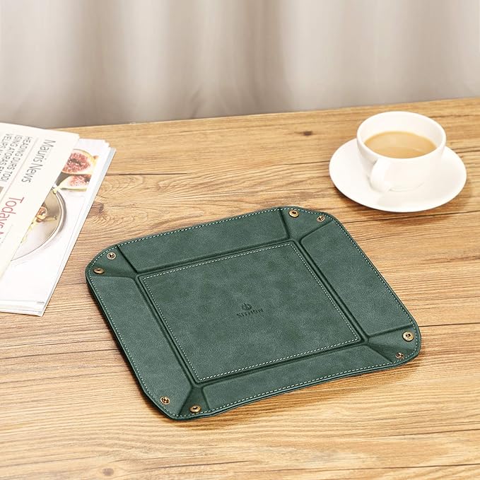 SITHON Valet Tray Desktop Storage Organizer Ã¢ÂÂ Premium PU Leather Catchall Bedside Vanity Tray Nightstand Caddy Holder for Keys, Phone, Wallet, Coin, Valentine's Day Gift, Dark Green