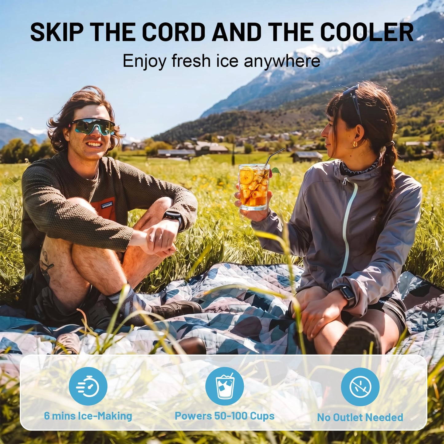 Cordless Portable Ice Maker, Battery Powered Ice Machine with Scoop, 2 × 20V Max 7.8Ah Rechargeable Batteries, Charger, Self-Cleaning, for Home, Kitchen, Camping, RV