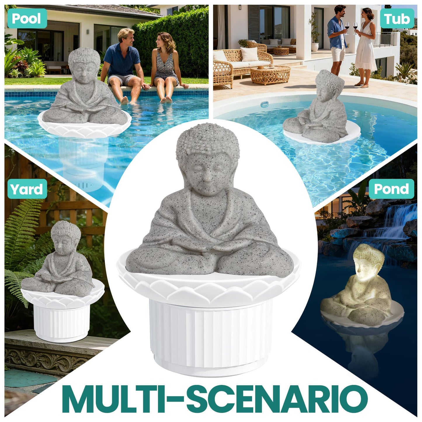 PRAXXIS Solar Chlorine Floater,Buddha Statue Pool Chlorine Floater with Solar Light, Adjustable Floating Chlorine Dispenser for Pool, Collapsible Chlorine Floater, Chlorine Floater for Hot Tub(White)