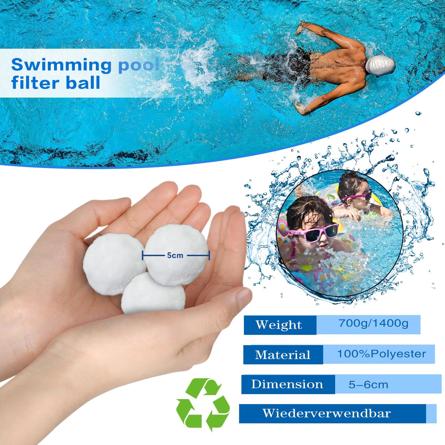 Bohodiy 1.5 lbs Pool Filter Balls for Sand Filter, Reusable Pool Fiber Filter Balls Replace 55lbs Pool Filter Sand，Efficient Pool Filter Media Balls for Filter Pump, Pool Cleaning (1.54 Lbs)