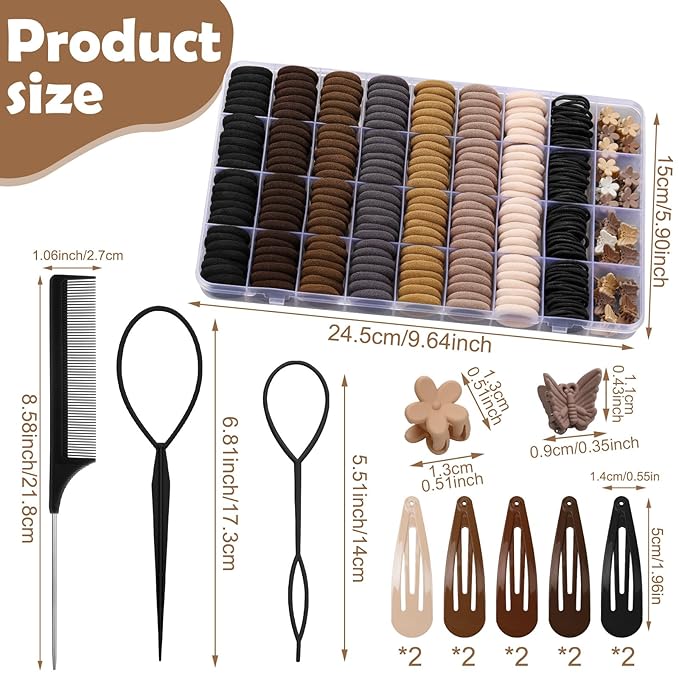 Hair Accessories for Girls - 360 Pieces Cotton Toddler Hair Ties Brown Ponytail Holders, Hair Clips and Hair Tail Tools, Neutral Colors
