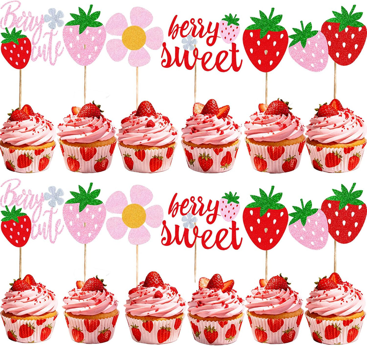 12Pcs Strawberry Baby Shower Glitter Cupcake Toppers Berry Sweet Baby Shower DecorationsStrawberry Fruit Cake & Dessert Topper Set For Baby Shower