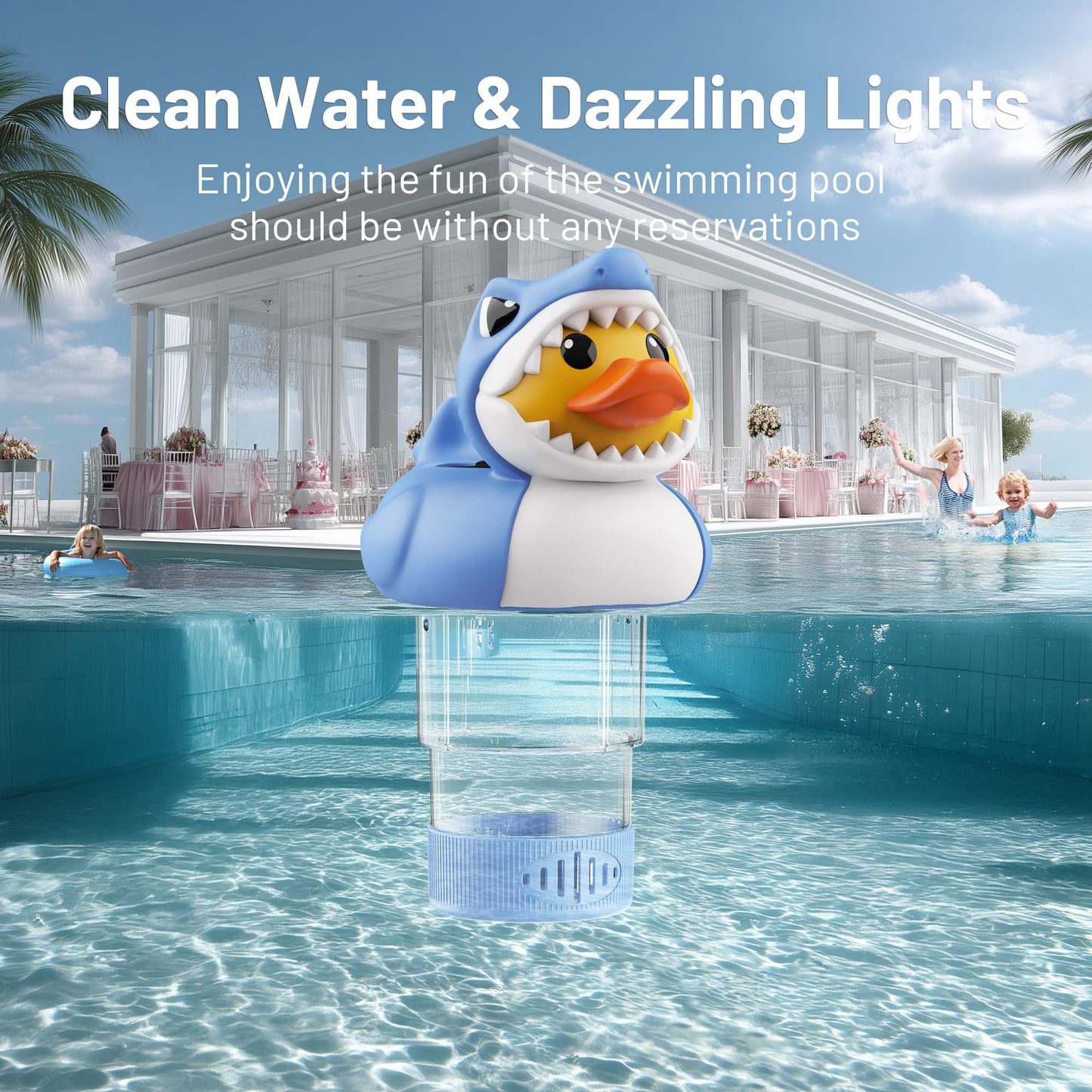 Doli Yearning Solar Pool Chlorine Floater for 3inch Tablets, Duck-Shark Chlorine Tablet Floater with Light, Auto Light up at Night for Pool, Hot Tub